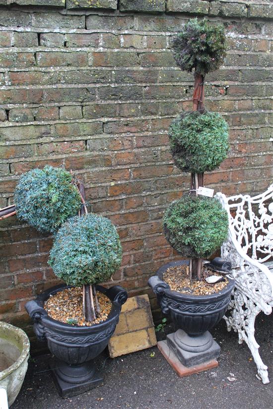 Pair 53 faux 3 tier topiary trees in old jardinieres (a/f)